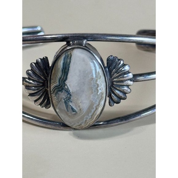 Vintage GFMW Sterling Silver Green Lace Jasper Cuff Bracelet 6 1/4' - Picture 4 of 11